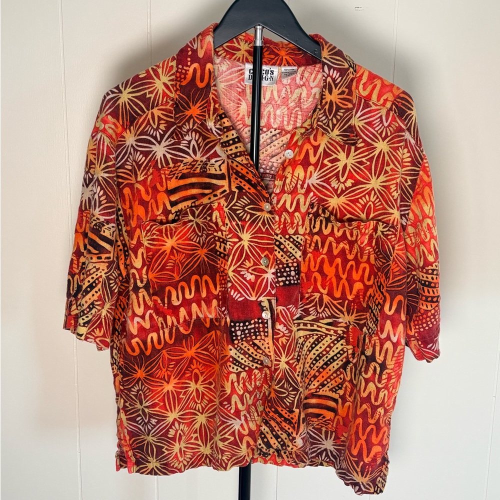 Chico's Design Womens Vintage Linen Orange Button-Up Shirt Short Sleeve Size XL